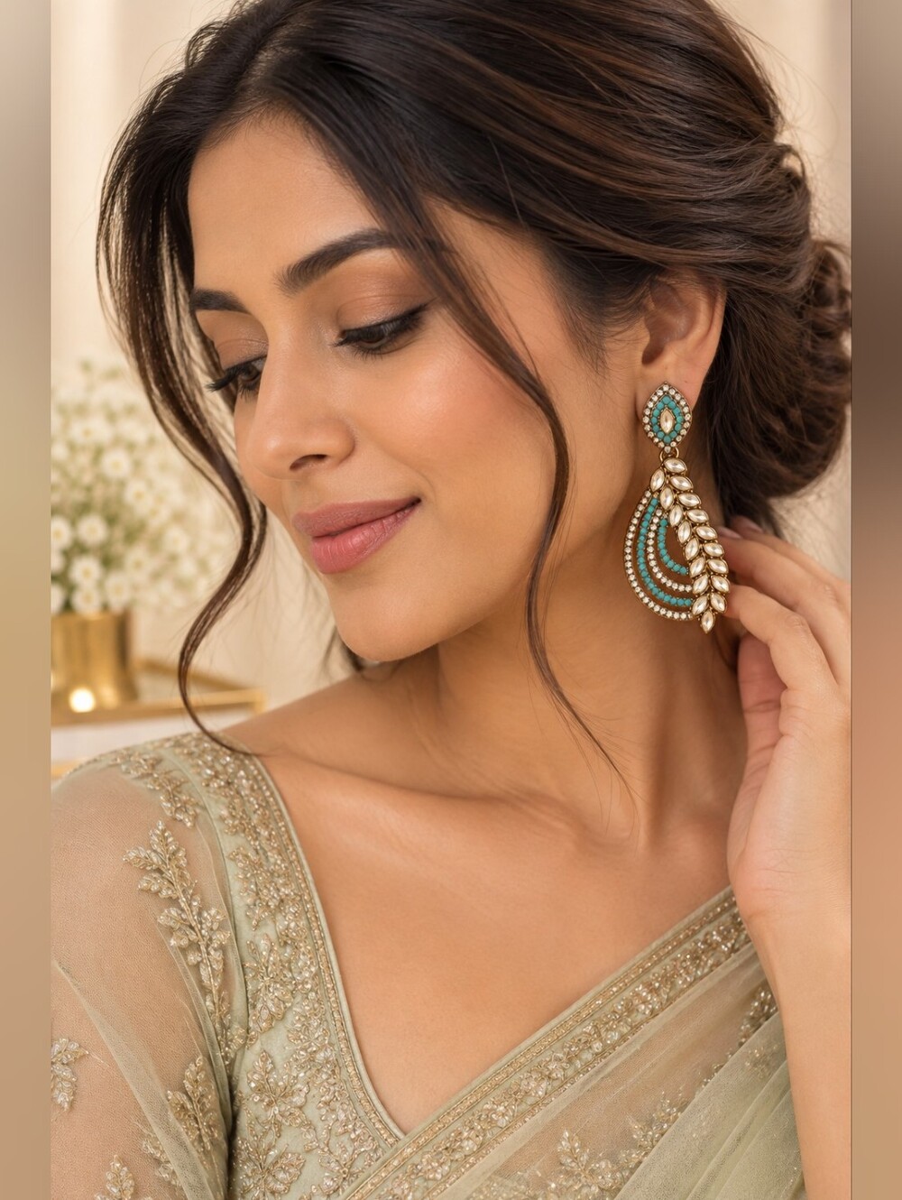 Turquoise Kundan Teardrop Dangle Earrings | Gold Tone Statement Indian Earrings - Picture 3 of 5